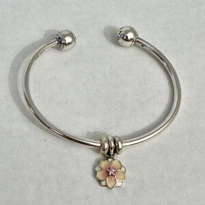 Pandora 925 Sterling Silver Bangle Bracelet Cherry Blossom Pink CZ Charm